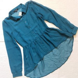 Paper Tee Sheer High Low Long Sleeve Blouse